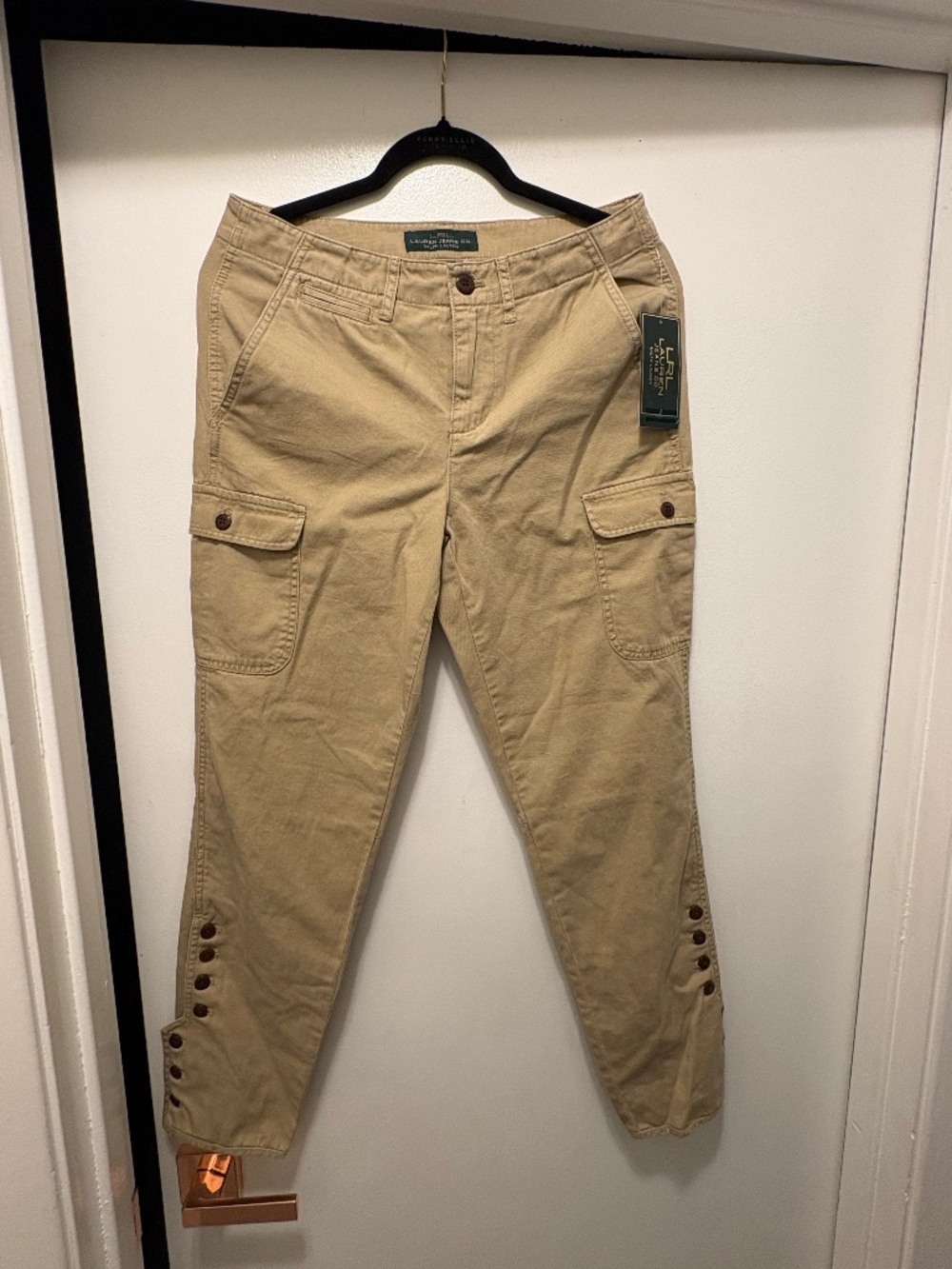 Lauren Ralph Lauren Tan Cargo Pants Button Leg Detail Size 4 NWT